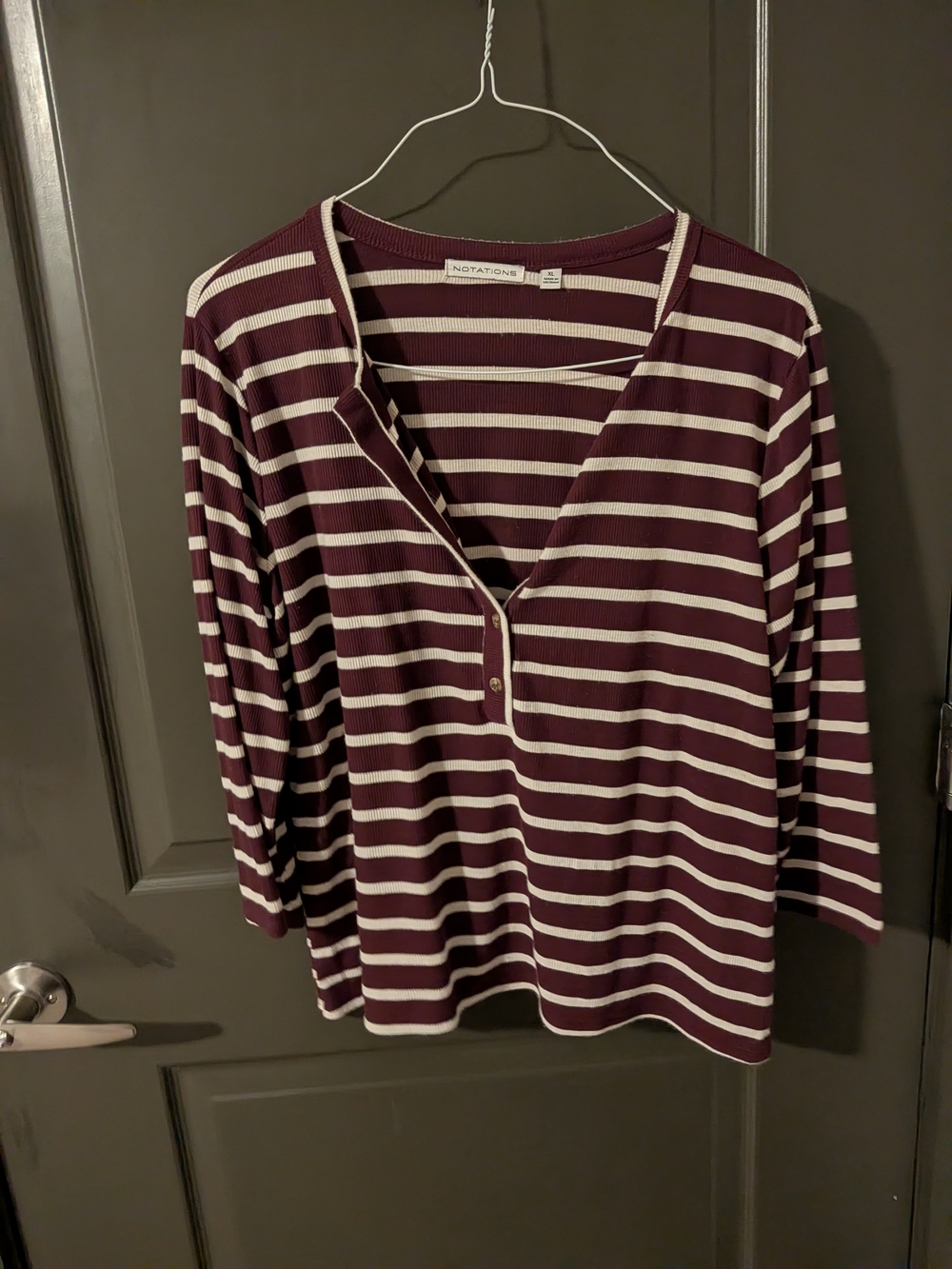 Notations Women's Burgundy and White Striped Henley Top